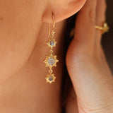 Golden earrings with three suns and stone