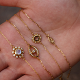 Golden bracelet with lucky eye, stone and zircons