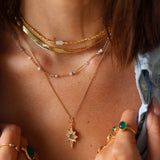 Collier perles dorées pierre de lune carrée 40 cm