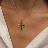 Gold necklace with baroque cross pendant and stones