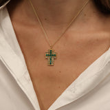 Gold necklace with baroque cross pendant and stones