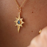 Hammered wind rose gold necklace with stone