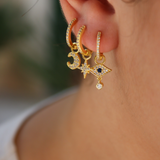 Mini gold hoop earrings with zircons and compass rose