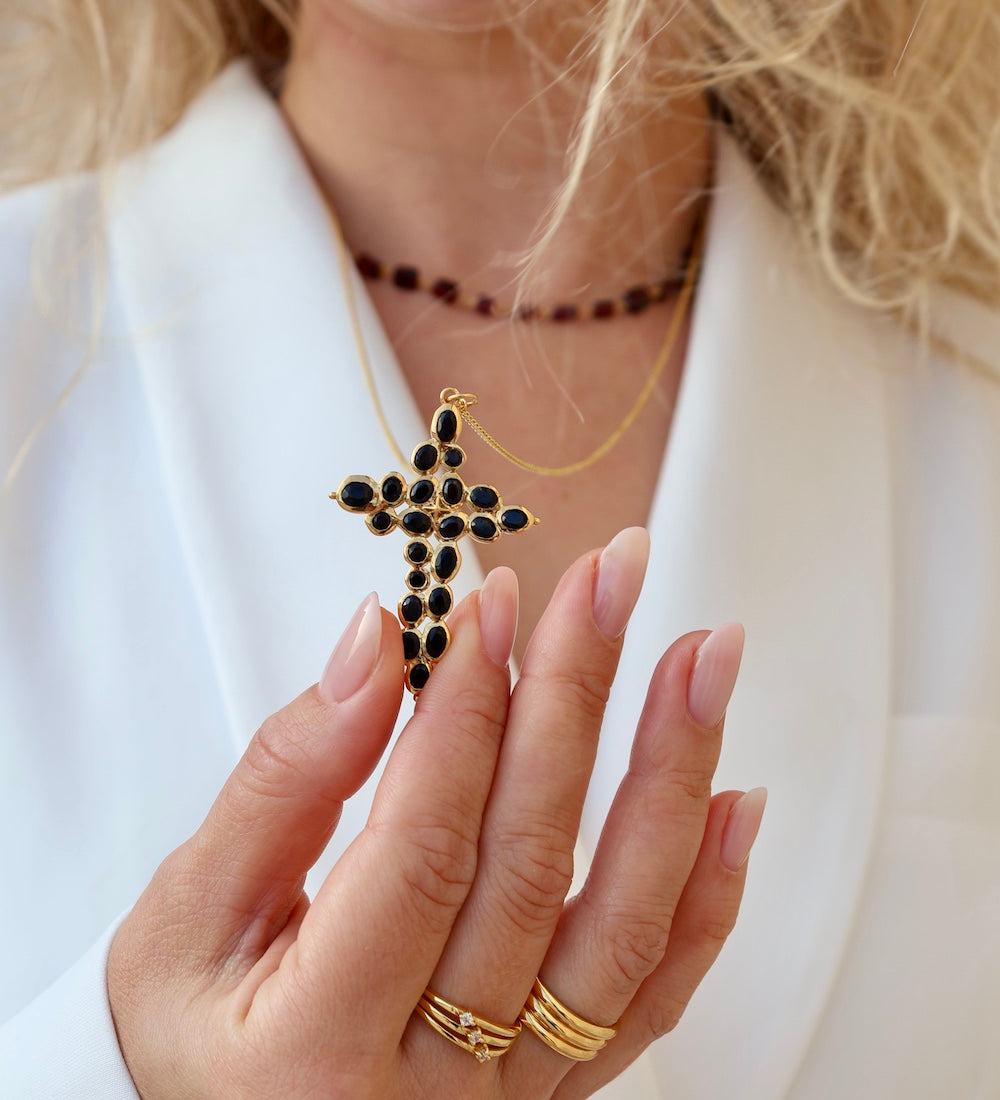 Large baroque stone cross gold necklace