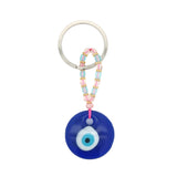 Porte-clefs oeil rond en pâte de verre soufflé bleu mix perles roses et bleues