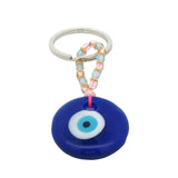Porte-clefs oeil rond en pâte de verre soufflé bleu mix perles roses et bleues