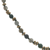 Collier doré perles grises, couronnes dorées et noeuds gris 42 cm