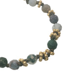 Collier doré perles grises, couronnes dorées et noeuds gris 42 cm