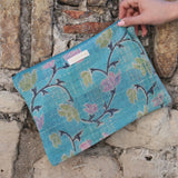 Large turquoise &amp; flower kantha pouch