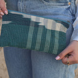 Green &amp; white kantha pouch