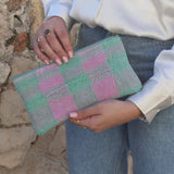 Pink &amp; green kantha pouch