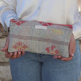 Beige &amp; red kantha pouch