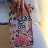 YELLOW POUCH WITH PINK FLOWERS BLOCK PRINT