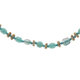 Collier doré perles turquoises et vert d'eau, couronnes dorées et noeuds turquoises 75 cm