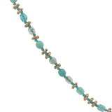 Collier doré perles turquoises et vert d'eau, couronnes dorées et noeuds turquoises 75 cm