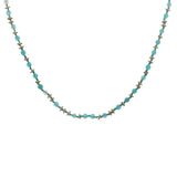 Collier doré perles turquoises, couronnes dorées et noeuds turquoises 75cm
