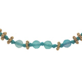 Collier doré perles turquoises, couronnes dorées et noeuds turquoises 75cm