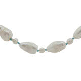 Collier doré alternance petites et grandes perles de culture avec noeuds turquoise 75 cm
