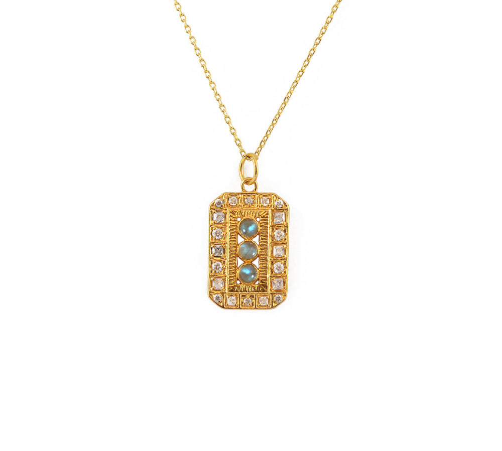 Gold necklace pendant trilogy of stones and zircons