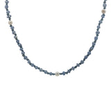 Collier doré perles bleues et blanches, perles de culture et noeuds bleus 64 cm