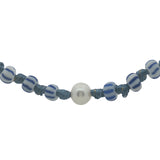 Collier doré perles bleues et blanches, perles de culture et noeuds bleus 64 cm