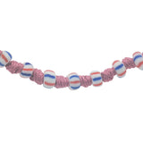 Collier doré perles rouges et bleues avec gros noeuds roses 75 cm