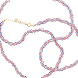 Collier doré perles rouges et bleues avec gros noeuds roses 75 cm