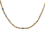 Collier doré perles jaunes, turquoises, couronnes dorées et noeuds jaunes 42 cm
