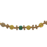 Collier doré perles jaunes, turquoises, couronnes dorées et noeuds jaunes 42 cm