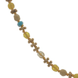 Collier doré perles jaunes, turquoises, couronnes dorées et noeuds jaunes 42 cm