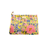 Grande pochette de voyage jaune et bleue à fleurs roses