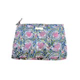 Grande pochette de voyage bleue à fleurs roses et violettes