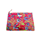 Grande pochette de voyage rouge et verte à fleurs bleues
