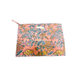 Grande pochette de voyage corail et verte à fleurs jaunes et blanches