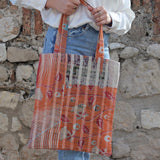 Tote bag Kantha orange & feuilles rouges