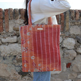 Tote bag Kantha orange & feuilles rouges