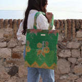 Tote bag Kantha vert & fleurs jaunes