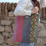 Pink, yellow &amp; gray striped Kantha tote bag 