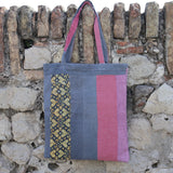 Pink, yellow &amp; gray striped Kantha tote bag 