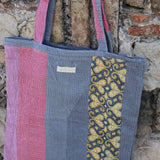 Pink, yellow &amp; gray striped Kantha tote bag 