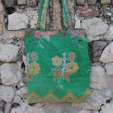 Tote bag Kantha vert & fleurs jaunes