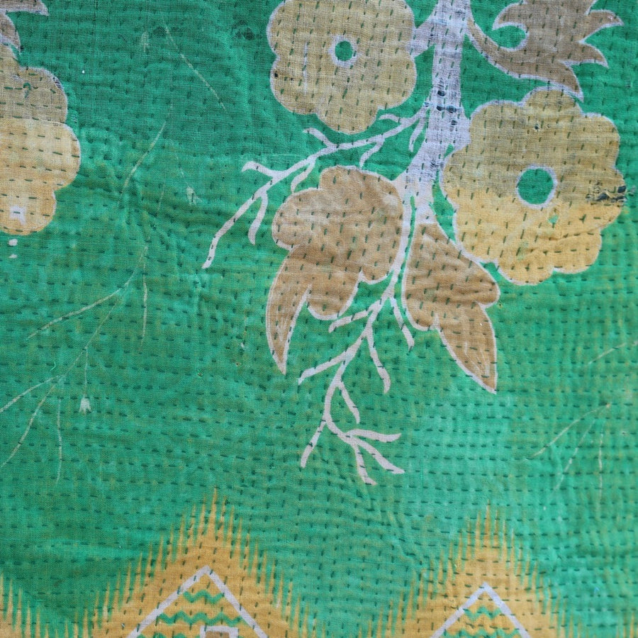 Tote bag Kantha vert & fleurs jaunes