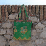 Tote bag Kantha vert & fleurs jaunes