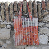 Tote bag Kantha orange & feuilles rouges