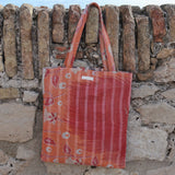 Tote bag Kantha orange & feuilles rouges