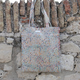 Kantha tote bag, white front &amp; multi-colored polka dots, green &amp; red back 