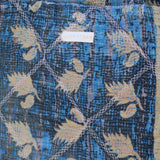 Tote bag Kantha bleu & feuilles beiges