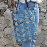 Tote bag Kantha bleu & feuilles beiges