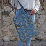 Blue Kantha &amp; beige leaves tote bag