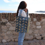 Tote bag Kantha bleu & feuilles beiges